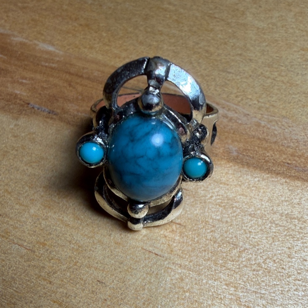 Duo Of Turquoise Stone Silver Tone Cocktail Rings Adjustable Statement Y2K Vint. - Picture 6 of 9